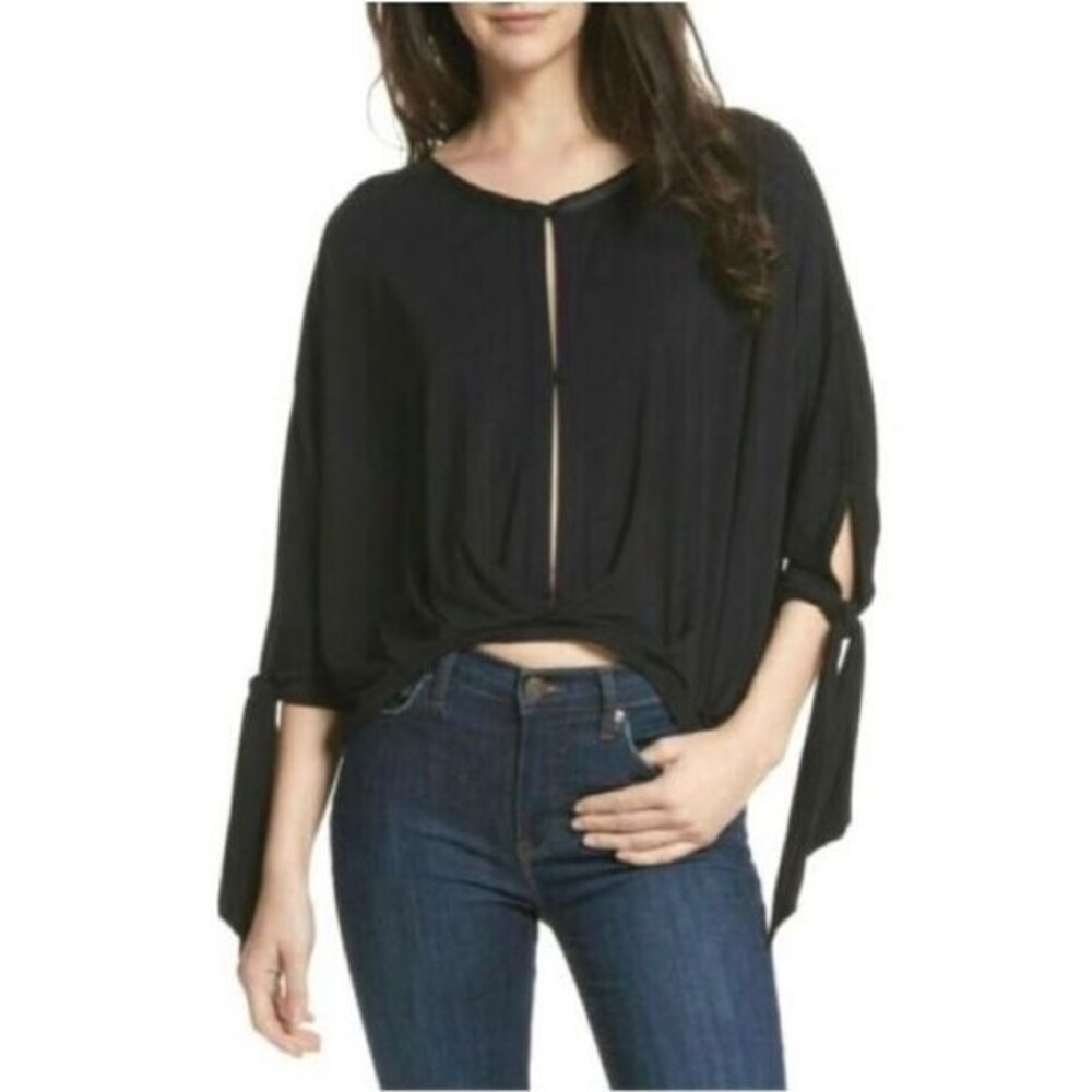 Free‎ People Women's Keepin' On Twist Front Button Tie Sleeve Top Black Size XS
